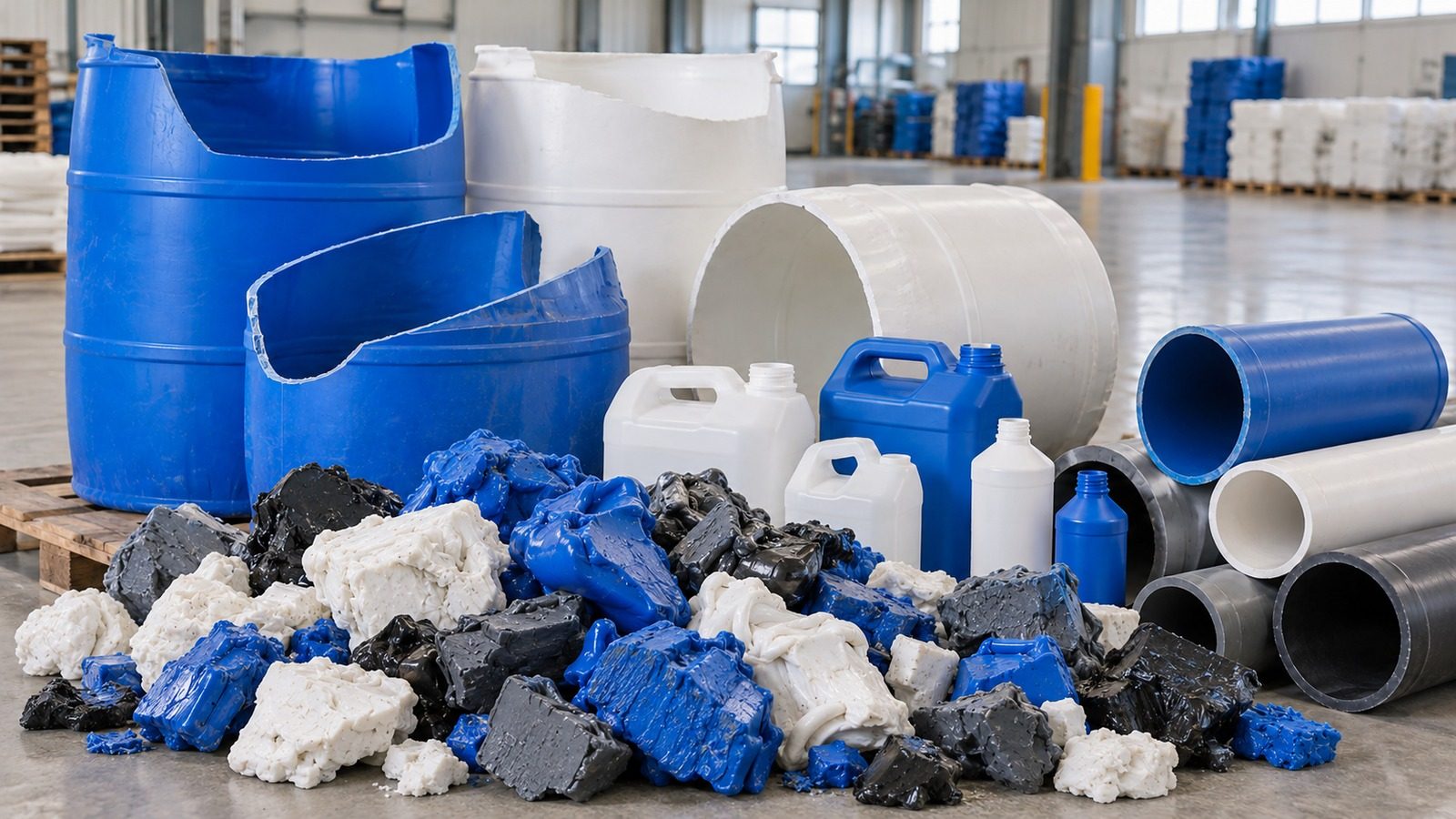 Rigid plastic drums pipes and irregular die-head purge lumps for recycling